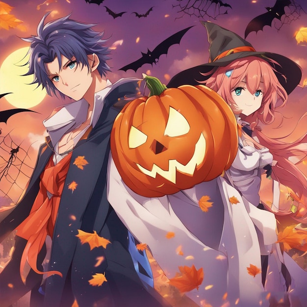 Fantasy Anime Halloween with pumpkin patch Image Ai Generated