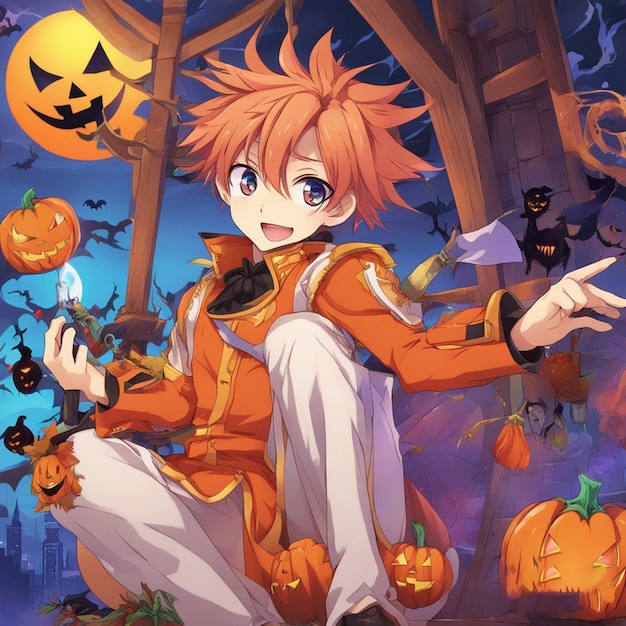 Fantasy Anime Halloween with pumpkin patch Image Ai Generated