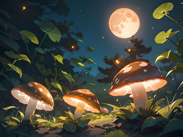 Fantasy Anime Magical Mushroom Forest with Fireflies and Super Full Moon in The Midnight Sky