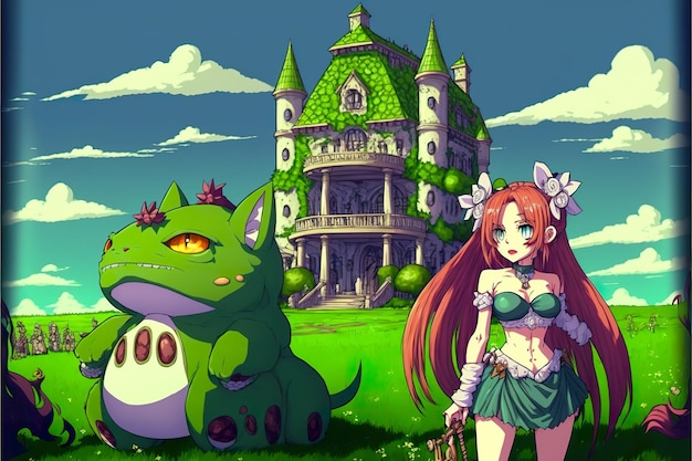 Fantasy anime party heroes on green field