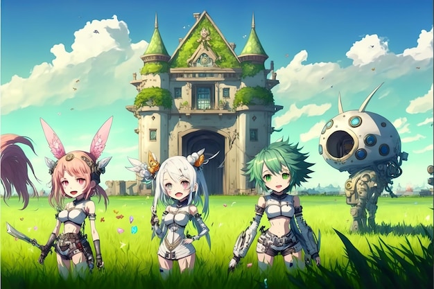 Fantasy anime party heroes on green field