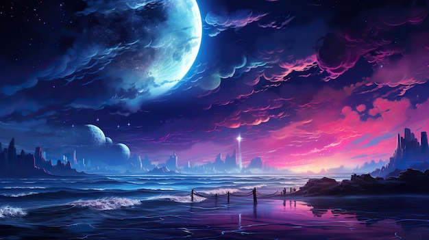 fantasy anime skies night beach