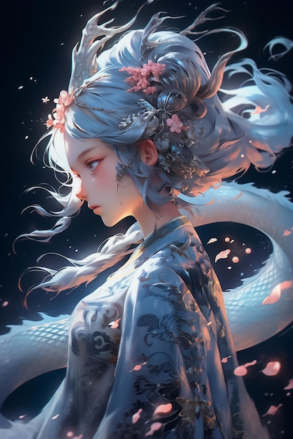 파란 머리와 용을 가진 판타지 애니메이션 여자 게임 캐릭터 컨셉 Ai 생성