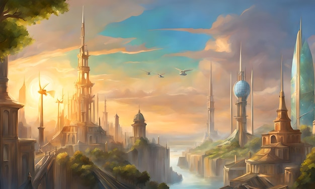 Fantasy art of a city skyline with wind turbines and solar panels integrated into buildings