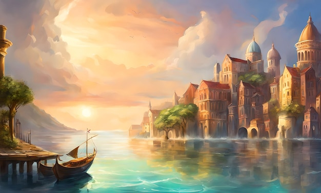 fantasy art of a coastal city with water levels creeping up