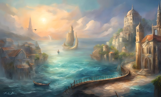 fantasy art of a coastal city with water levels creeping up