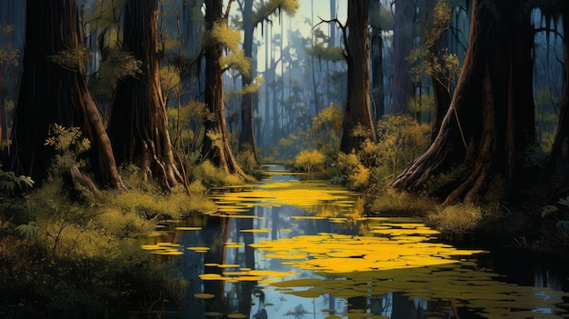 Foto fantasy art una scena dettagliata di un fiume e una palude in giallo scuro e blu chiaro