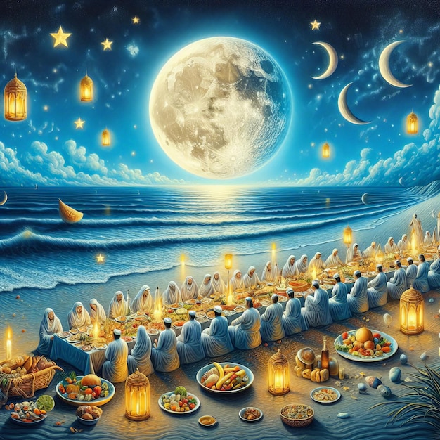 Photo fantasy art of eid aladha night banquet