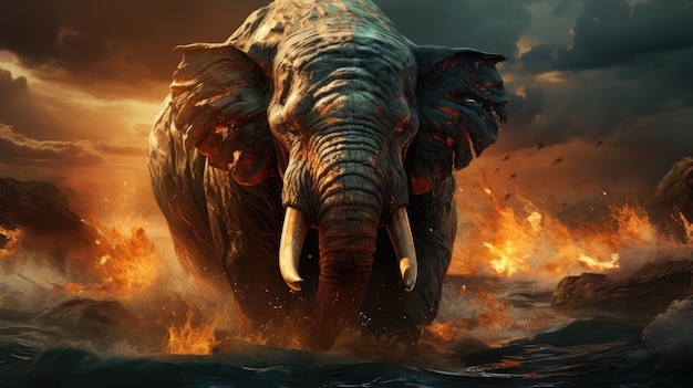 Photo fantasy art magical savage elephant of great power with an aura of water on background