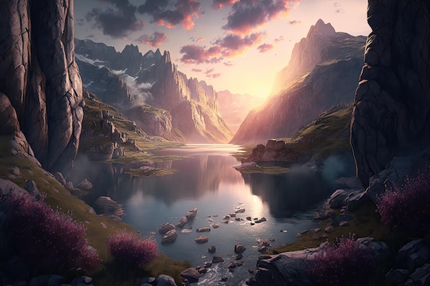 Фото Фэнтези-арт горной долины с озером идеальный весенний закат пейзаж эпическая гора