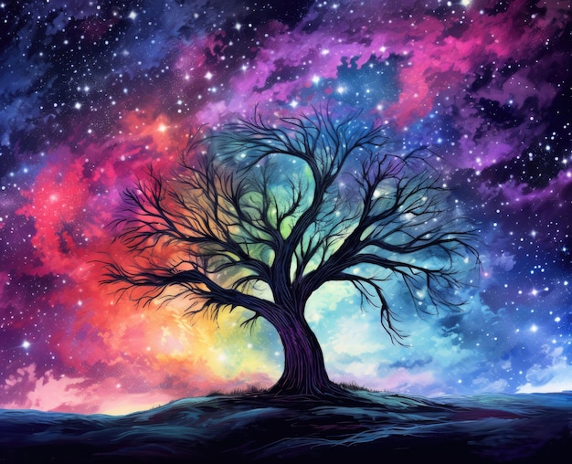 Фэнтези арт живопись ночной пейзаж красочные акварель горы река деревья небо звезды фон