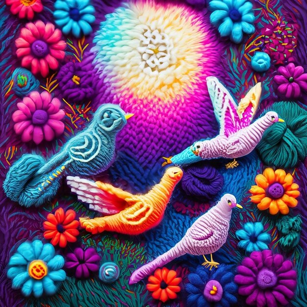 Fantasy art various types of birds flutter gracefully amidst a profusion of colorful flowers