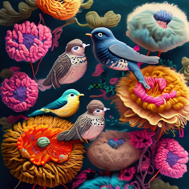 Fantasy art various types of birds flutter gracefully amidst a profusion of colorful flowers