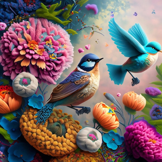 Fantasy art various types of birds flutter gracefully amidst a profusion of colorful flowers