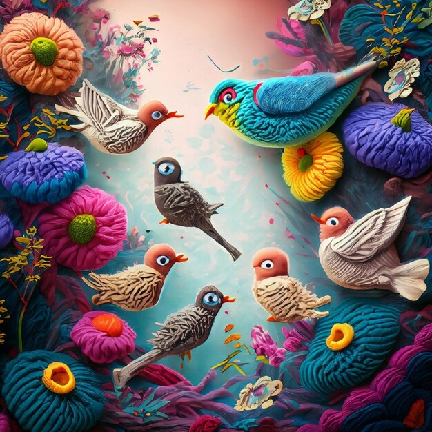 Fantasy art various types of birds flutter gracefully amidst a profusion of colorful flowers