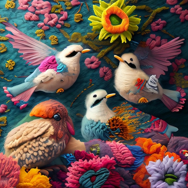 Fantasy art various types of birds flutter gracefully amidst a profusion of colorful flowers