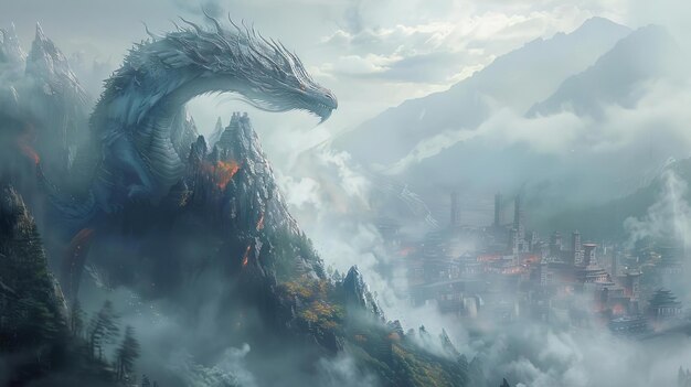 Photo a fantasy artwork of a mythical creature whose breath purifies air standing atop a mountain overlooking a smoggy city