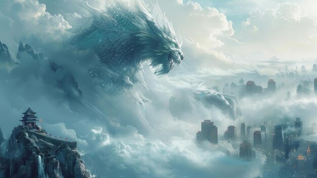Photo a fantasy artwork of a mythical creature whose breath purifies air standing atop a mountain overlooking a smoggy city