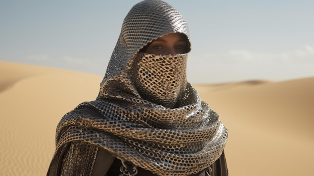 Foto fantasy assassin concept met tempeliers en woestijnmode