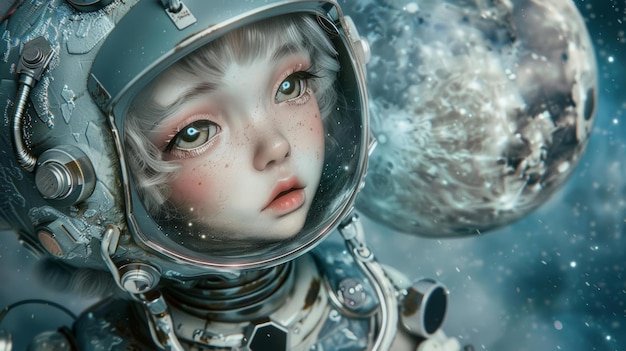 Foto fantasia astronauta ragazza con freckles nello spazio
