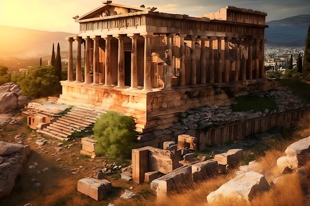Foto fantasy, l'acropoli del punto di riferimento di atene e l'odeon di erode atticus herodeion subito dopo