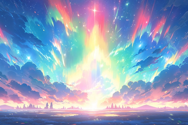 Фото Фантастическая иллюстрация полярного сияния красивая мультфильмная иллюстрация маленького свежего романтического ночного неба
