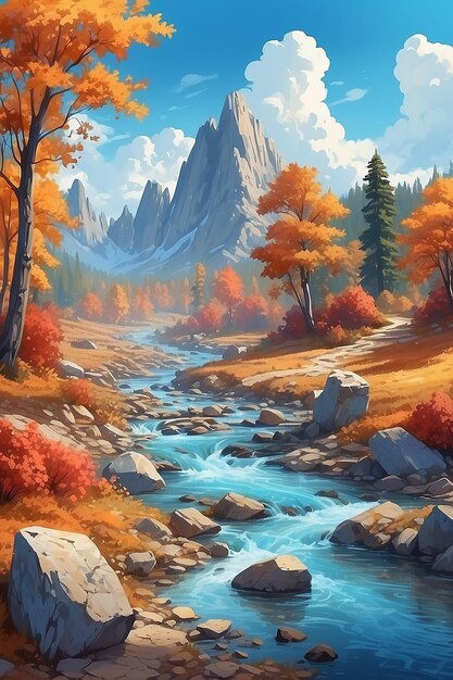 Fantasy autumn landscape with beautiful colorful forest blue river with stones mounters and clear blue sky with clouds nature illustration