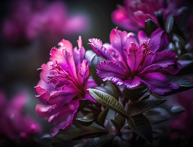 Photo fantasy azalea plants and glowing flowers background close up