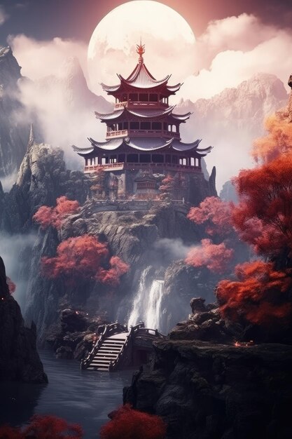 Photo fantasy background of chinese landscape with mysterious ancient chinese temple in mountains