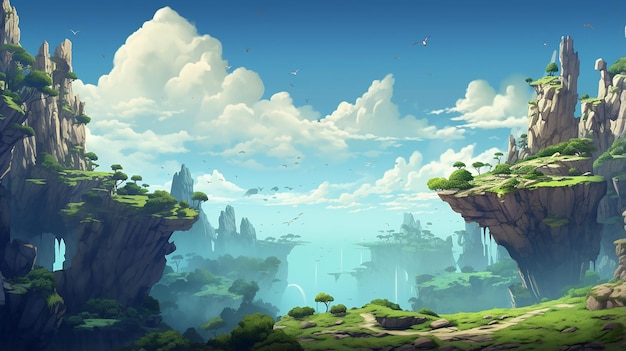 fantasy background of a flying island horizontal landscape illustration