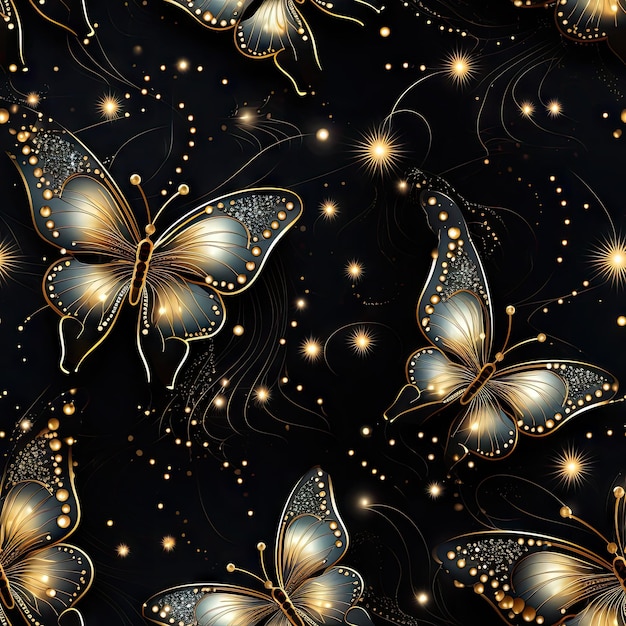 Photo fantasy background like black velvet a burst of golden dots and golden chic realistic butterflies