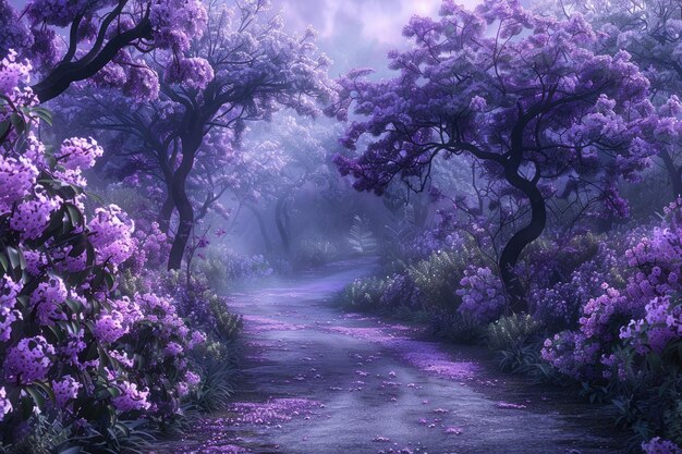 Fantasy background Magic forest with roadBeautiful spring landscapeLilac trees in blossom