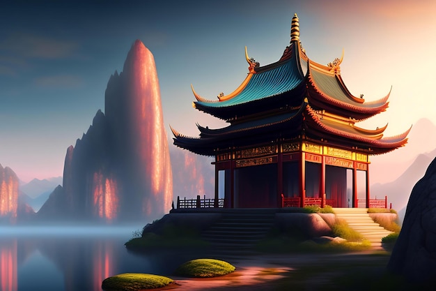 Fantasy background with mysterious ancient chinese temple in mountains digital artwork