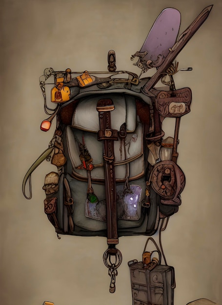 fantasy backpack, grapple hook, flasks and lock picks, fantasy digital art, horror art, apocalypse