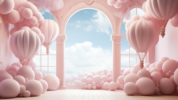 Fantasy ballon drijvend tussen cottoncandy wolken in een pastel koepel kamer