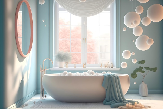 Fantasy Bathroom Scene with Bathtub Filled with Bubbles