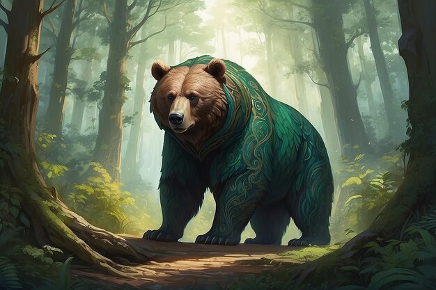 Fantasy bear in dark night deep forest blue jungle tree