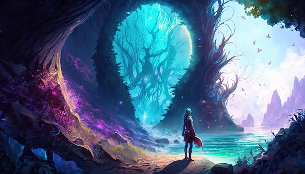Fantasy beautiful crystal ocean gem forest scenery glowing trees made of crystal generative ai