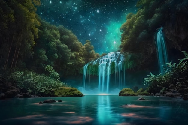 Фантастический красивый футуристический пейзаж с водопадом. Нейронная сеть, созданная искусственным интеллектом.