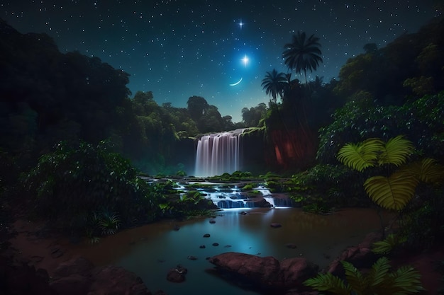 Fantasy beautiful futuristic landscape with a waterfall Neural network AI generated