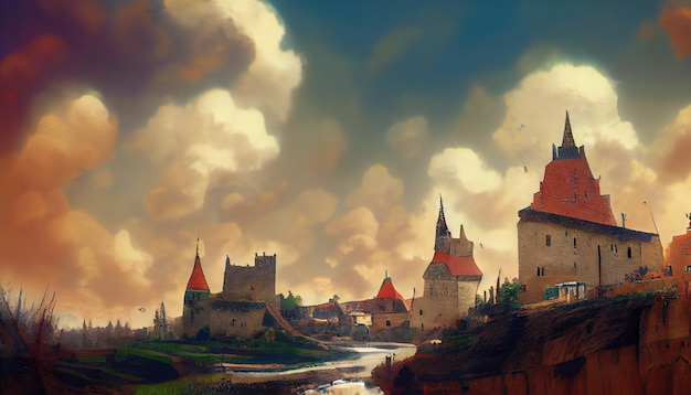 Fantasy beautiful kingdom castle for fairy tale background digital illustration