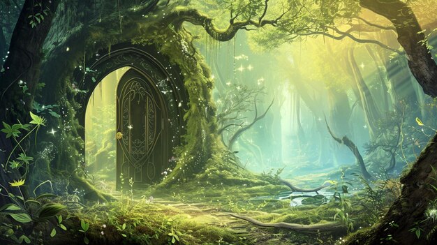 Fantasy beautiful landscape with magic portal in mystic fairy tale forest Generative Ai