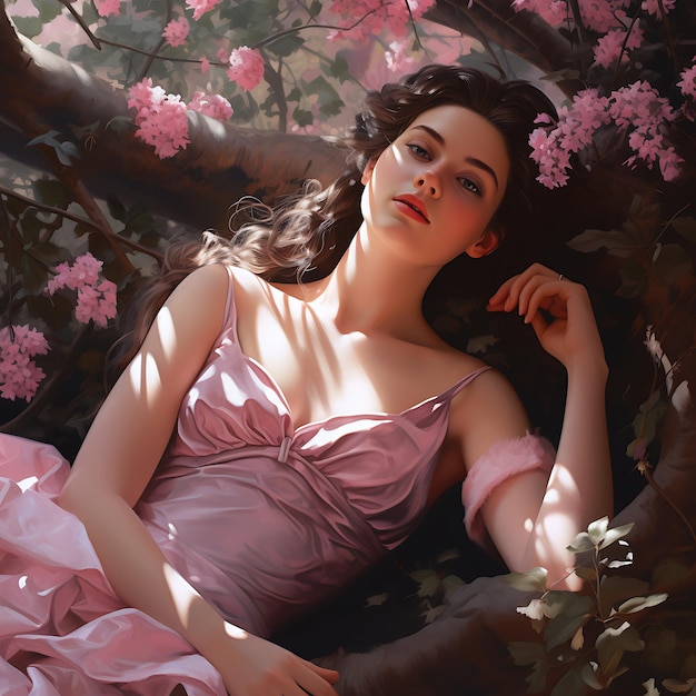 fantasy beautiful woman sleeping with pink dress Beauty princess sleep on the mystical garden