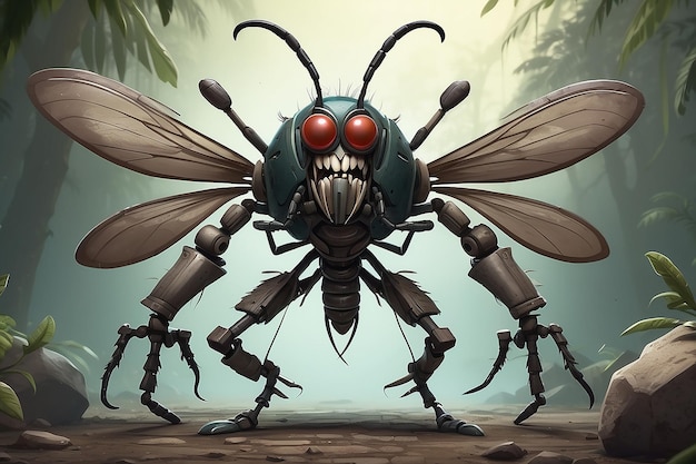 Fantasy Big Mosquito cartoon character with six pack body in the ready for war with advanced weapon stand with two foot