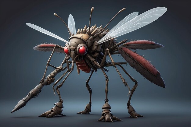 Фантастический персонаж мультфильма "Большой комар" с шестипакетным телом, готовым к войне, с продвинутым оружием, стоящим на двух ногах.