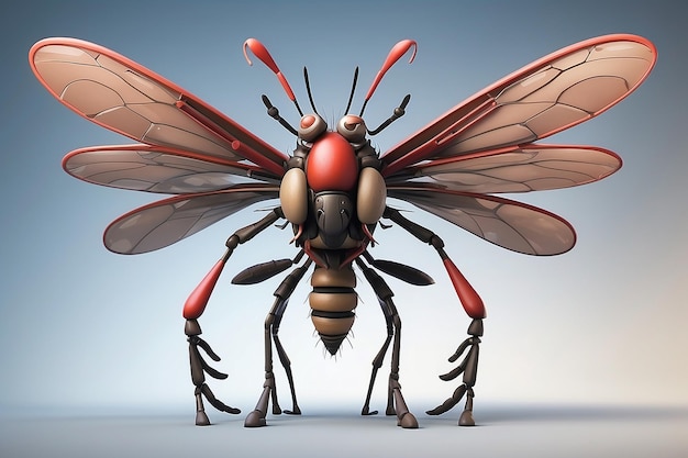 Fantasy Big Mosquito cartoon character with six pack body in the ready for war with advanced weapon stand with two foot