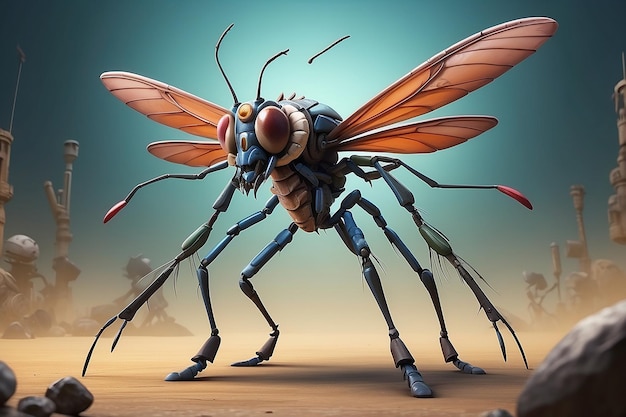 Fantasy Big Mosquito cartoon character with six pack body in the ready for war with advanced weapon stand with two foot