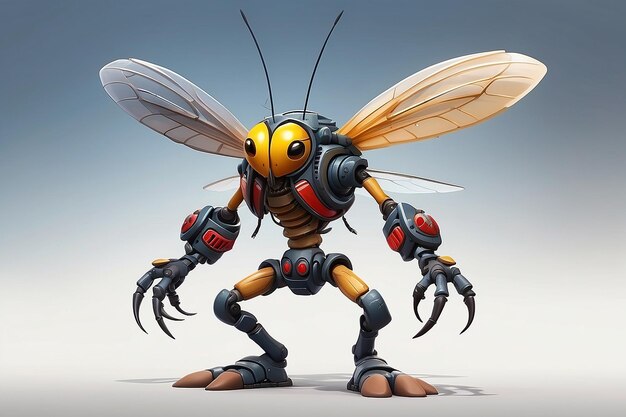 Fantasy Big Mosquito cartoon character with six pack body in the ready for war with advanced weapon stand with two foot