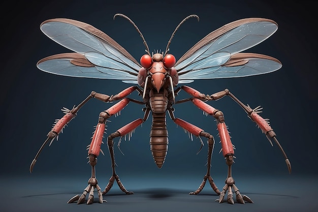 Fantasy Big Mosquito cartoon character with six pack body in the ready for war with advanced weapon stand with two foot