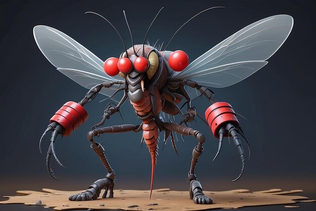 Fantasy Big Mosquito cartoon personage met zes pack lichaam in de klaar voor de oorlog met geavanceerde wapen stand met twee voeten